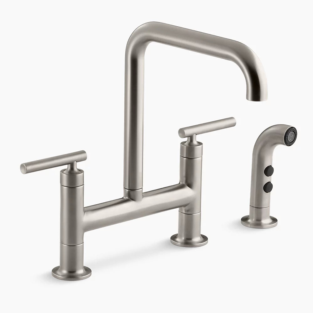 Kohler Purist Two-hole bridge kitchen sink faucet with side sprayer K-7548-4-VS - Plumbing Market