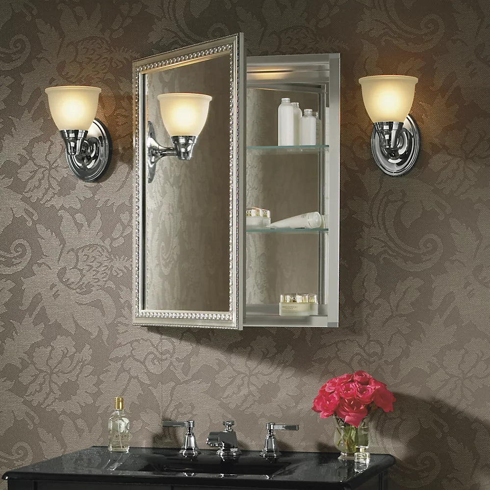 Kohler 20" W x 26" H aluminum single-door medicine cabinet with decorative silver framed mirrored door K-CB-CLW2026SS - Plumbing Market