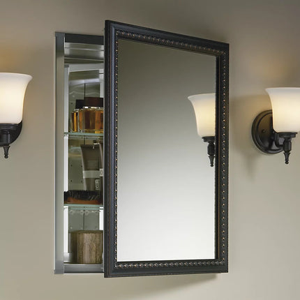 Kohler 20" W x 26" H aluminum single-door medicine cabinet with oil-rubbed bronze framed mirror door K-2967-BR1 - Plumbing Market