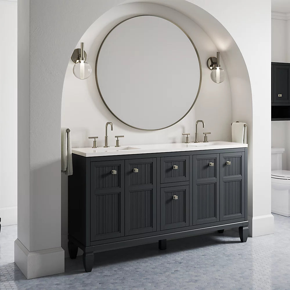 Kohler Hearthaven 60" bathroom vanity cabinet with sinks and quartz top K-33539-ASB-1WX - Plumbing Market