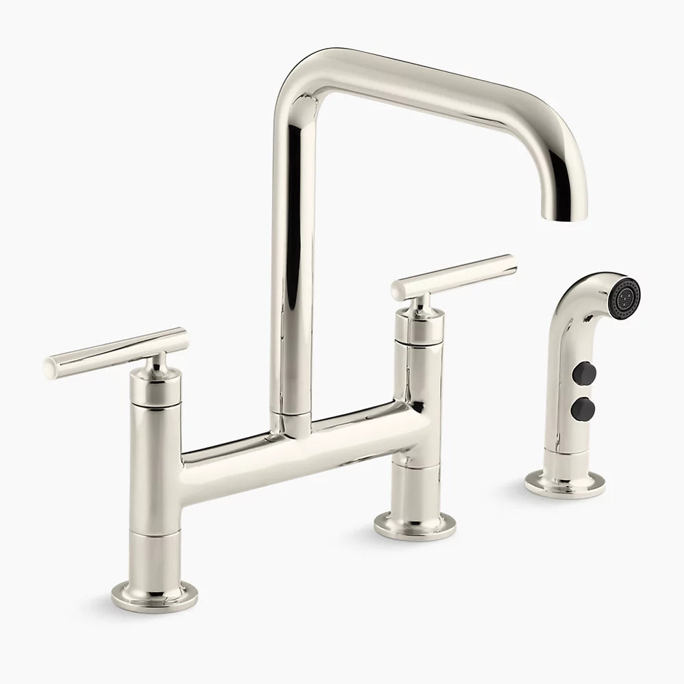 Kohler Purist Two-hole bridge kitchen sink faucet with side sprayer K-7548-4-SN - Plumbing Market