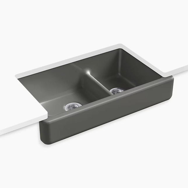 Kohler Whitehaven Smart Divide 35-1/2" undermount double-bowl farmhouse kitchen sink with short apron K-6426-58 - Plumbing Market