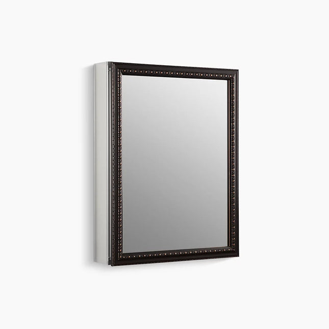 Kohler 20" W x 26" H aluminum single-door medicine cabinet with oil-rubbed bronze framed mirror door K-2967-BR1 - Plumbing Market