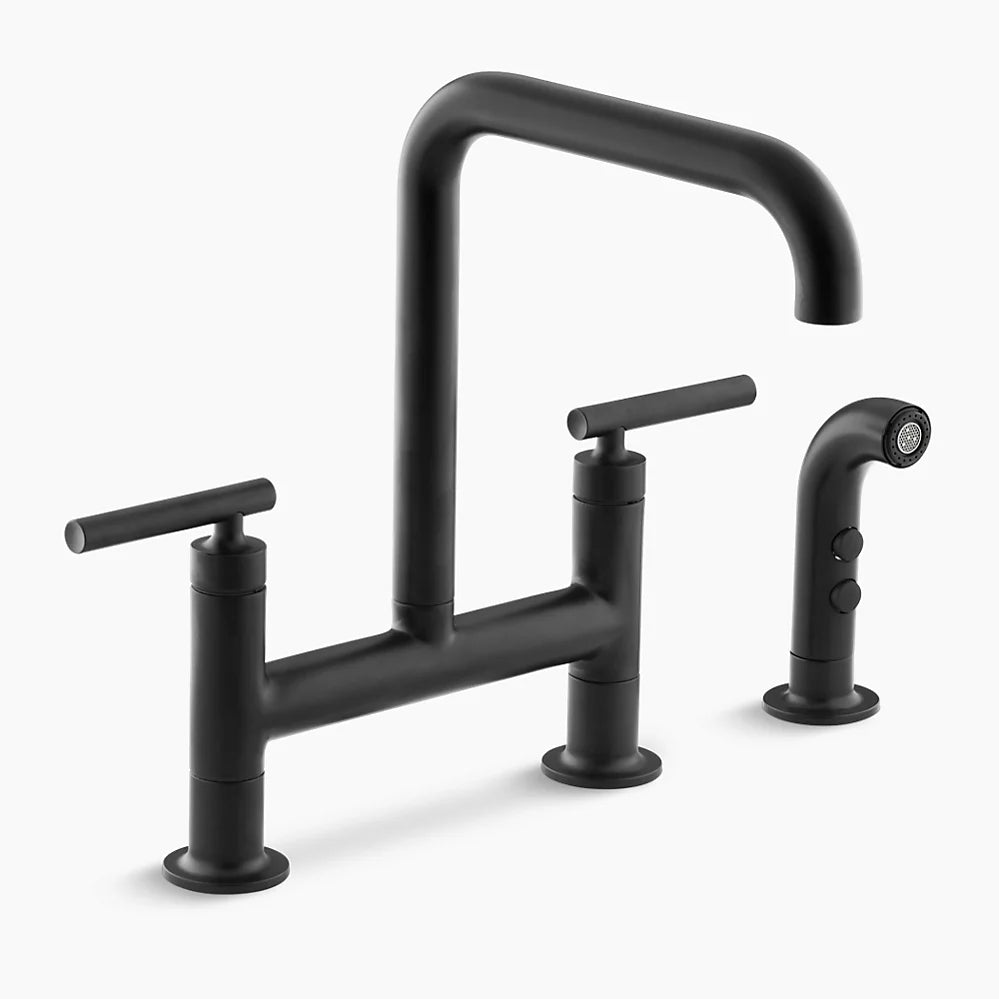 Kohler Purist Two-hole bridge kitchen sink faucet with side sprayer K-7548-4-BL - Plumbing Market