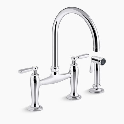 Kohler Edalyn by Studio McGee Two-hole bridge kitchen sink faucet with side sprayer K-28356-CP - Plumbing Market