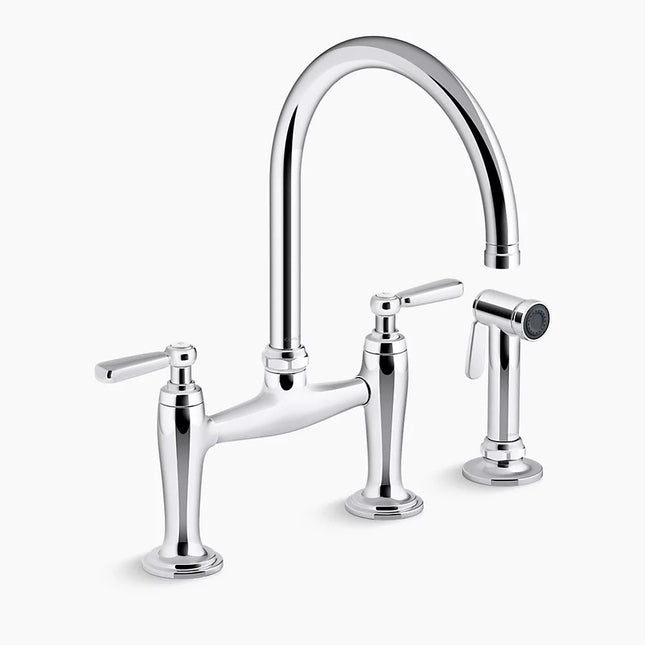 Kohler Edalyn by Studio McGee Two-hole bridge kitchen sink faucet with side sprayer K-28356-CP - Plumbing Market
