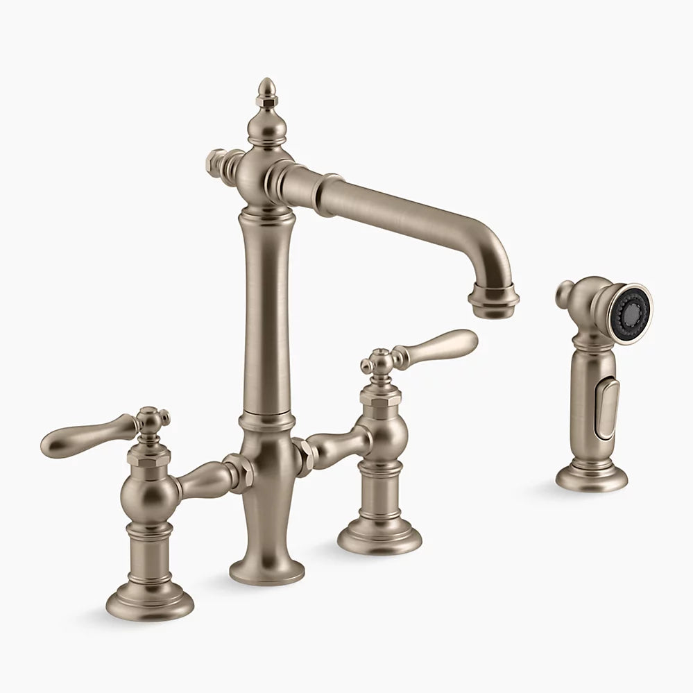 Kohler Artifacts Two-hole bridge kitchen sink faucet with side sprayer K-76519-4-BV - Plumbing Market