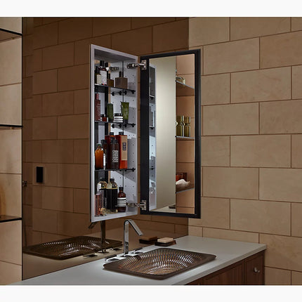 Kohler Catalan 15" W x 36-1/8" H aluminum single-door medicine cabinet with 170 degree hinge K-2938-PG-SAA - Plumbing Market