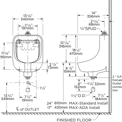 Gerber Lafayette 0.125/0.5/1.0gpf Urinal Washout Top Spud 13-3/8" Width - Plumbing Market