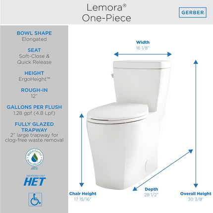 Gerber Lemora 1.28gpf 12" Rough-In One-Piece Elongated ErgoHeight Toilet - Plumbing Market