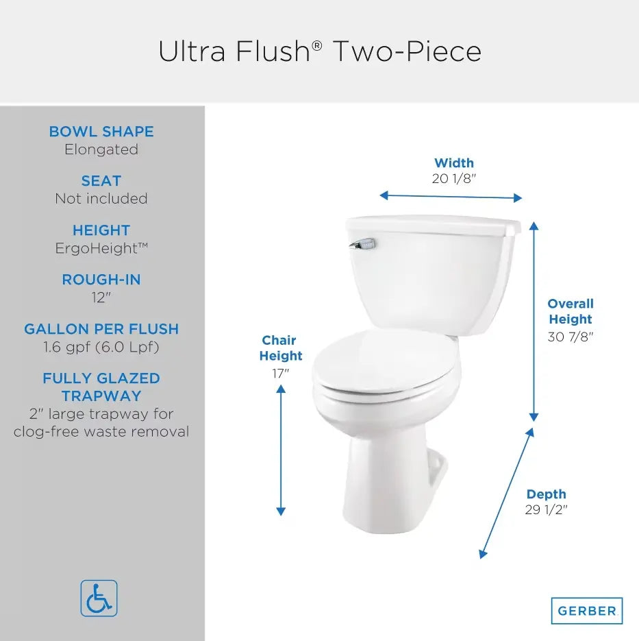 Gerber Ultra Flush 1.6 gpf 12" Rough-In Two-Piece Elongated ErgoHeight Toilet - Plumbing Market