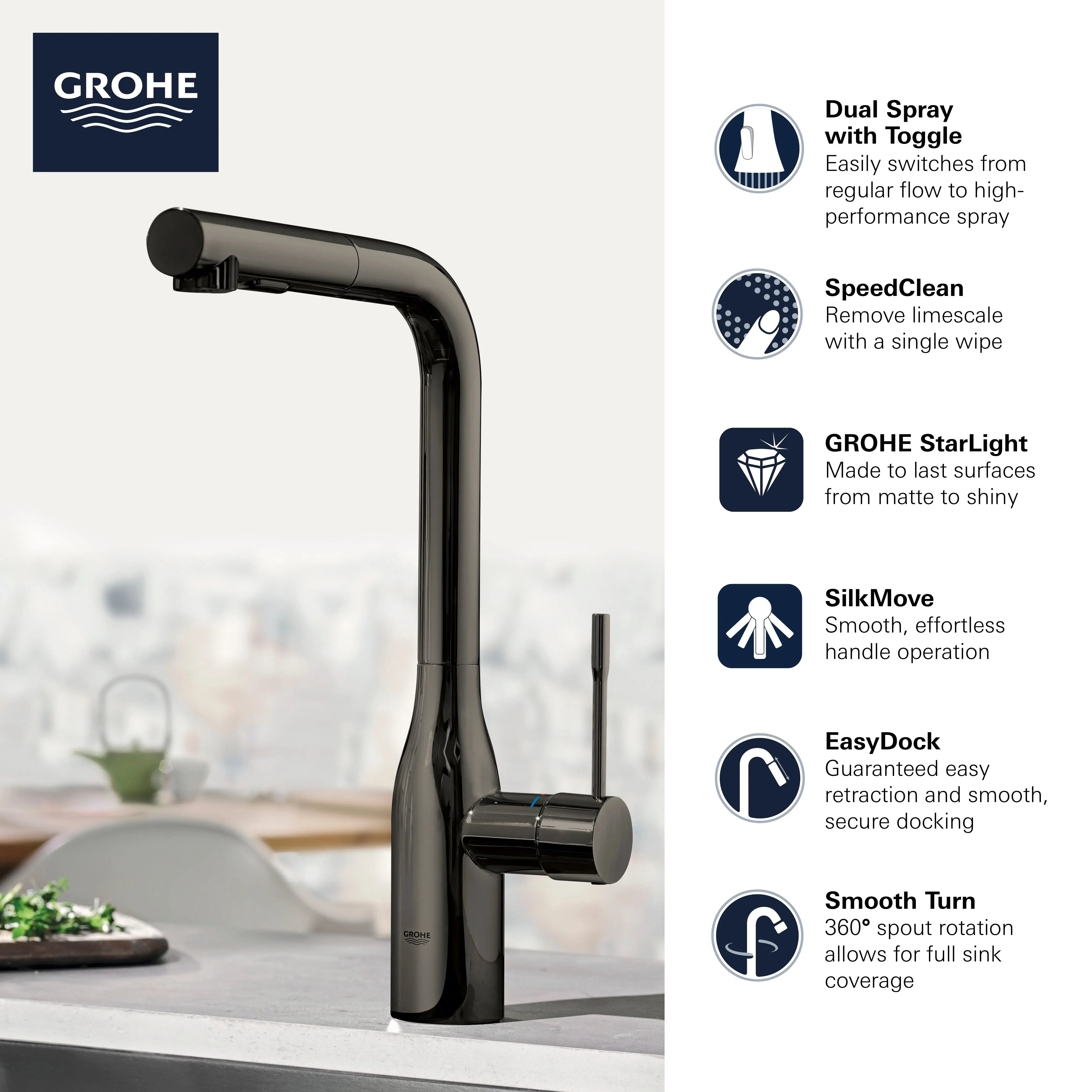 Grohe ESSENCE NEW OHM SINK L-SPOUT SPRAY US  Supersteel 30271DC0 - Plumbing Market