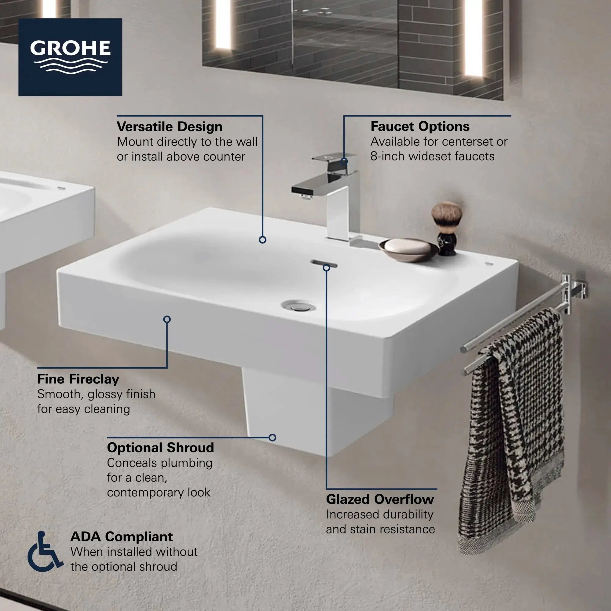 Grohe Wall Mount 24" Bathroom Sink, 1-hole White - Plumbing Market