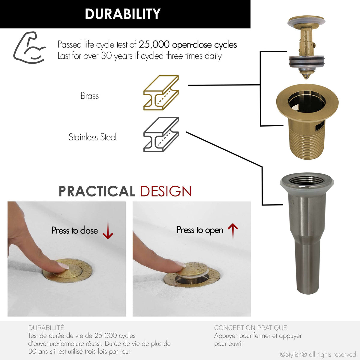 Stylish Pop-Up Bathroom Sink Drain with Overflow Brushed Gold D-700G