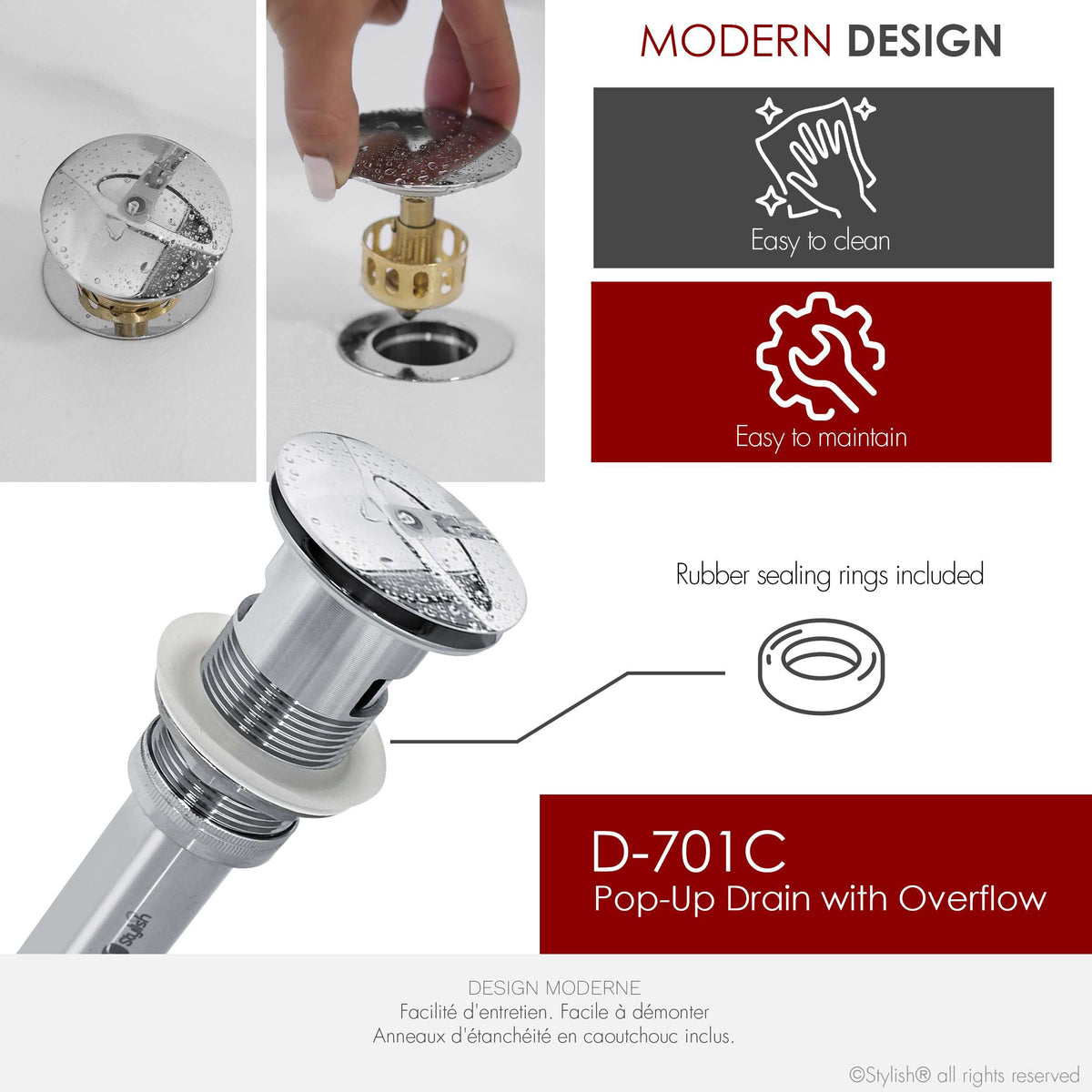 Stylish Pop-Up Bathroom Sink Drains Set with Overflow Polished Chrome D-701C2