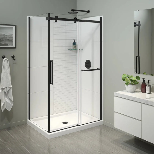 Halo Pro 44 ½-47 x 78 ¾ in. 8 mm Sliding Shower Door with Towel Bar for Alcove Installation with Clear glass in Matte Black - Plumbing Market