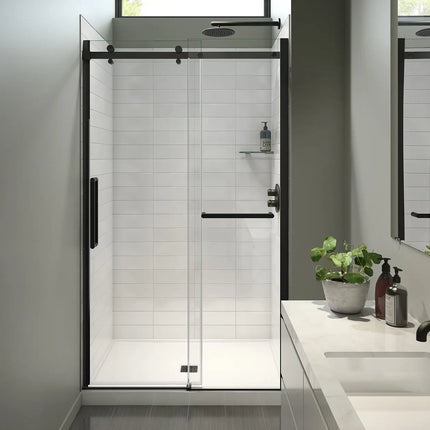 Halo Pro 44 ½-47 x 78 ¾ in. 8 mm Sliding Shower Door with Towel Bar for Alcove Installation with Clear glass in Matte Black - Plumbing Market
