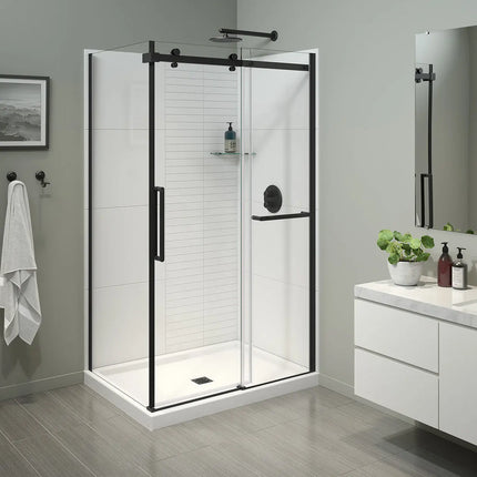 Halo Pro 48 x 32 x 78 3/4 in. 8mm Sliding Shower Door with Towel Bar for Corner Installation with Clear glass in Matte Black - Plumbing Market