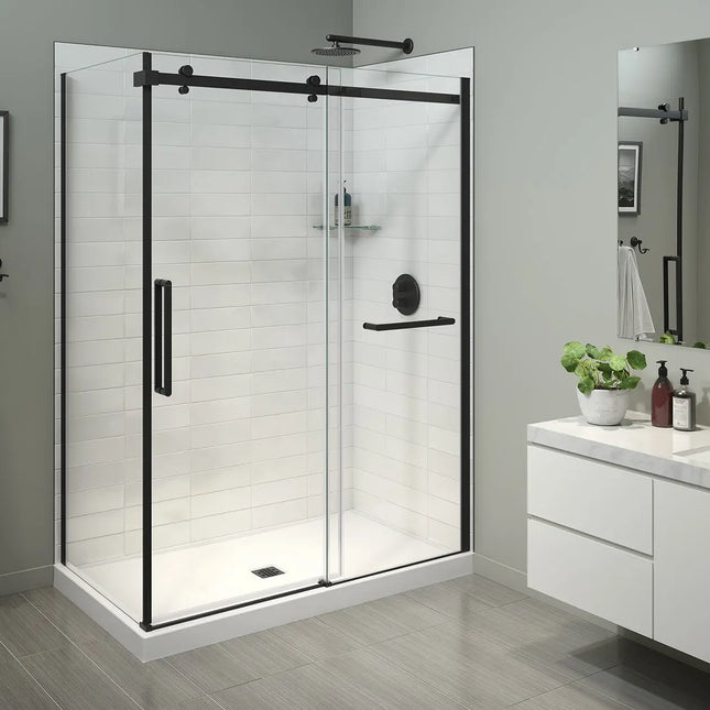 Halo Pro 56 ½-59 x 78 ¾ in. 8 mm Sliding Shower Door with Towel Bar for Alcove Installation with Clear glass in Matte Black - Plumbing Market