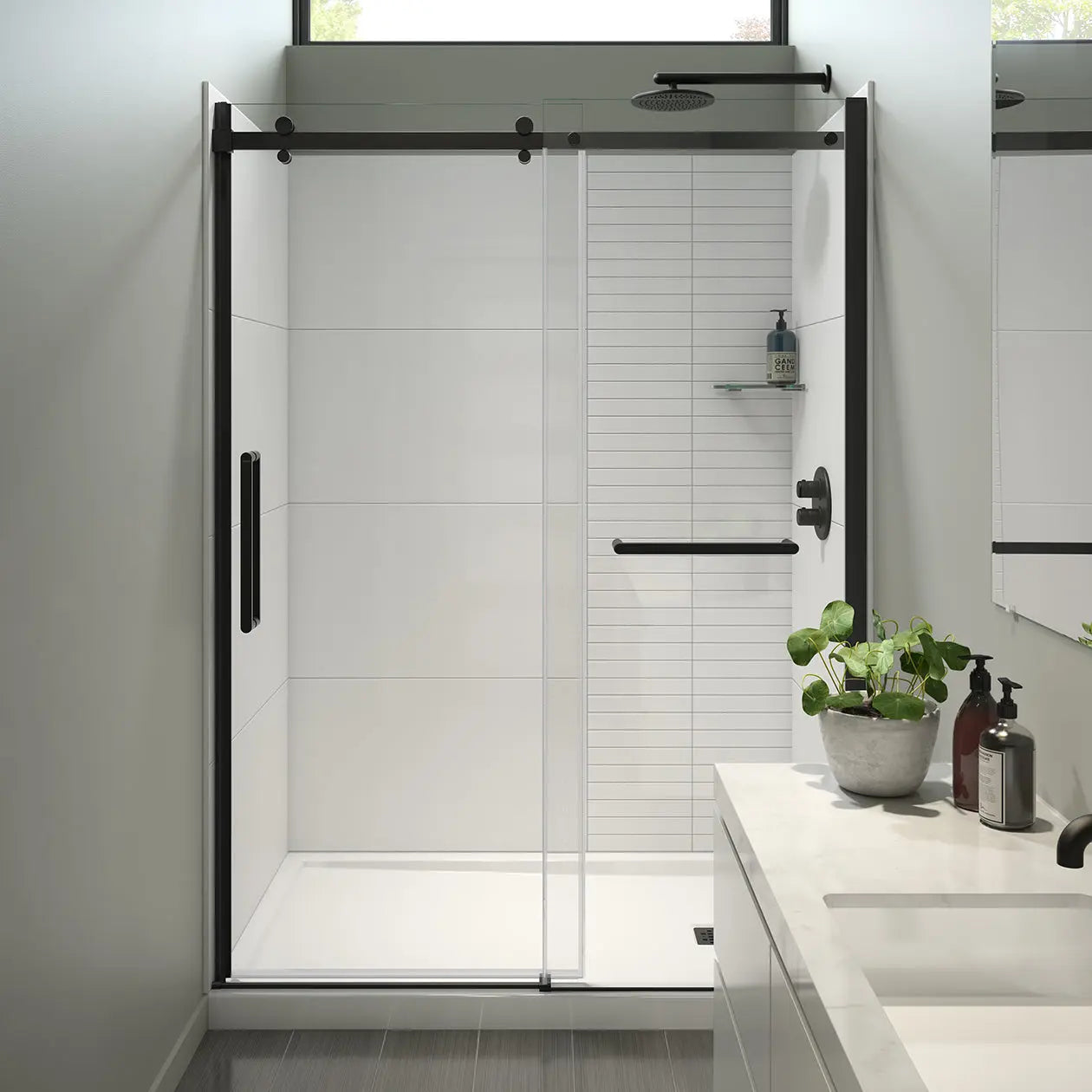 Halo Pro 56 ½-59 x 78 ¾ in. 8 mm Sliding Shower Door with Towel Bar for Alcove Installation with Clear glass in Matte Black - Plumbing Market