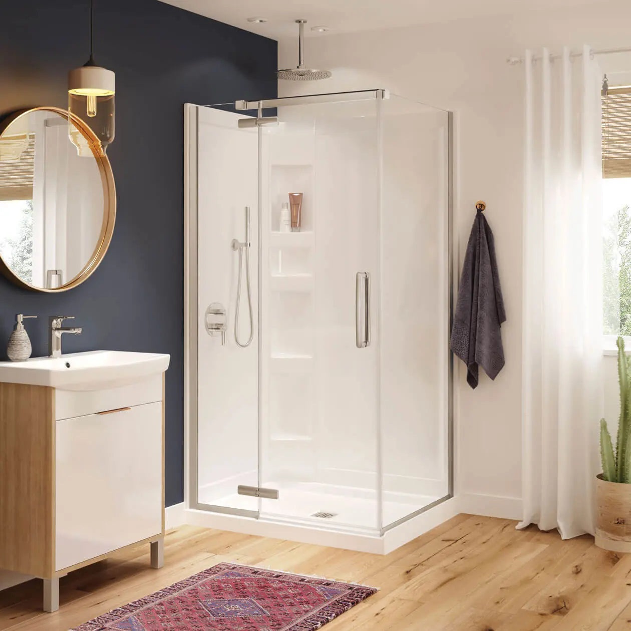 Hana Rectangular 42 x 34 x 75 in. 8mm Pivot Shower Door for Corner Installation with Clear glass in Brushed Nickel - Plumbing Market