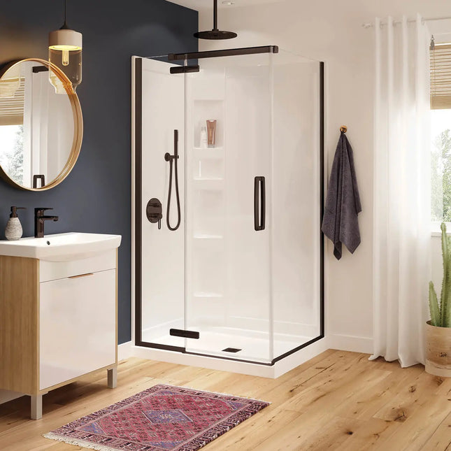 Hana Rectangular 42 x 34 x 75 in. 8mm Pivot Shower Door for Corner Installation with Clear glass in Dark Bronze - Plumbing Market