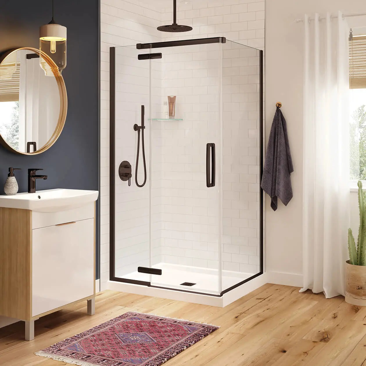 Hana Rectangular 42 x 34 x 75 in. 8mm Pivot Shower Door for Corner Installation with Clear glass in Dark Bronze - Plumbing Market