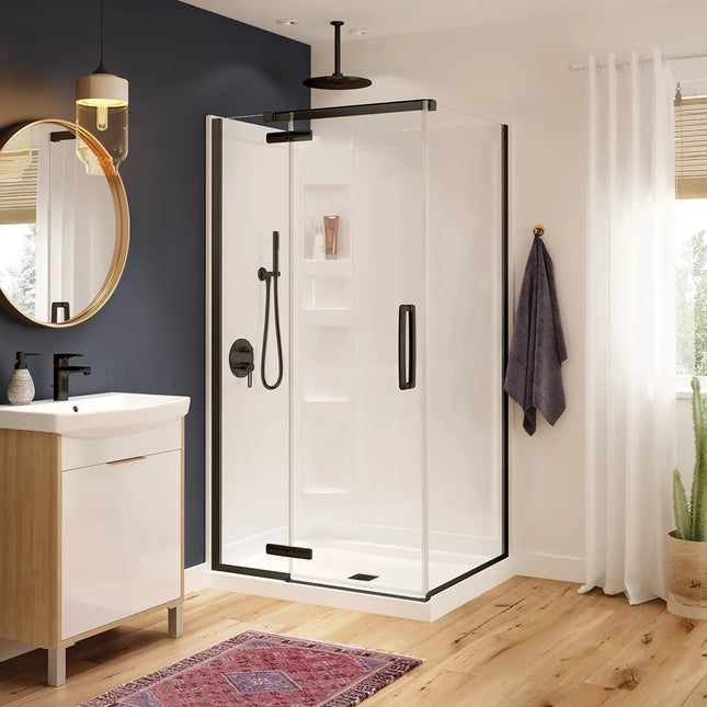 Hana Rectangular 42 x 34 x 75 in. 8mm Pivot Shower Door for Corner Installation with Clear glass in Matte Black - Plumbing Market