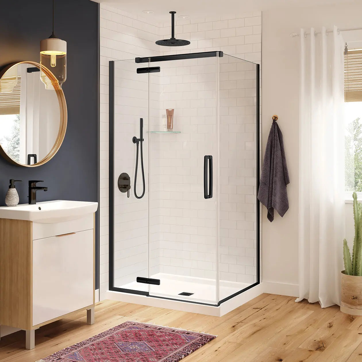 Hana Rectangular 42 x 34 x 75 in. 8mm Pivot Shower Door for Corner Installation with Clear glass in Matte Black - Plumbing Market
