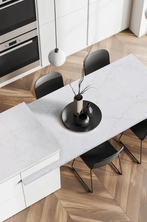 Hanstone Antello Elegant White Quartz with Soft Grey & Gold Veining - Plumbing Market