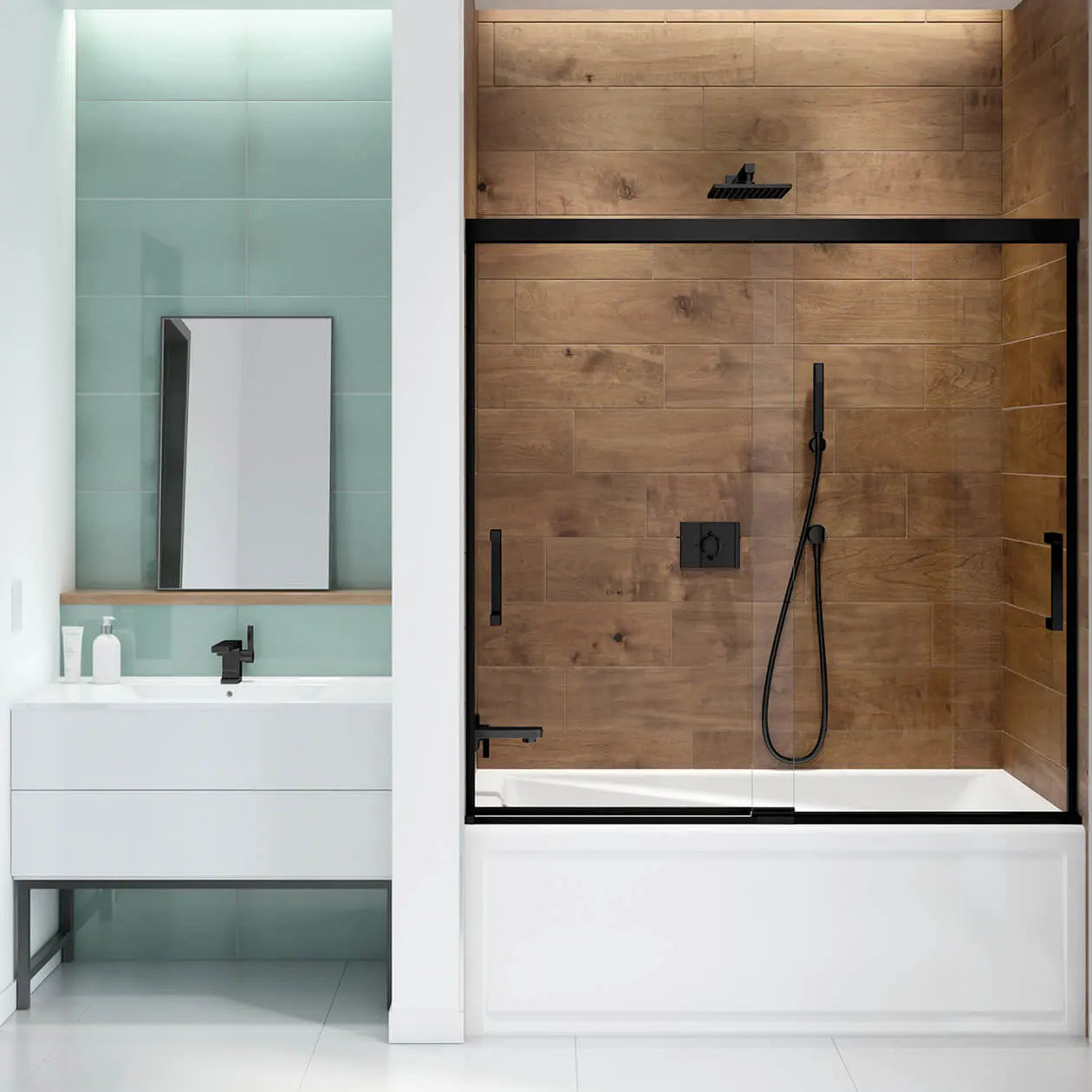 Incognito 57 56-59 x 56 ¾ in. 8mm Bypass Tub Door for Alcove Installation with Clear glass in Matte Black - Plumbing Market