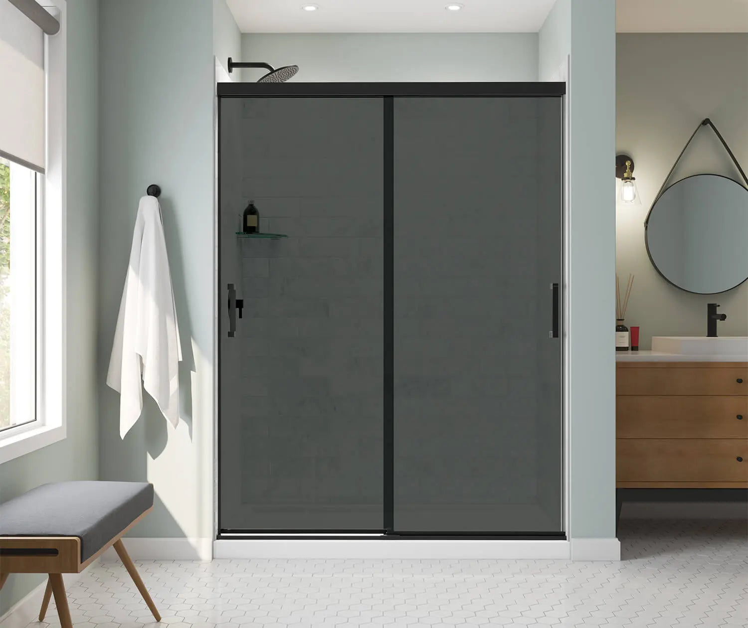 Incognito 76 Smoke 56-59 x 76 in. 8mm Bypass Shower Door for Alcove Installation with Dark Smoke glass in Matte Black - Plumbing Market
