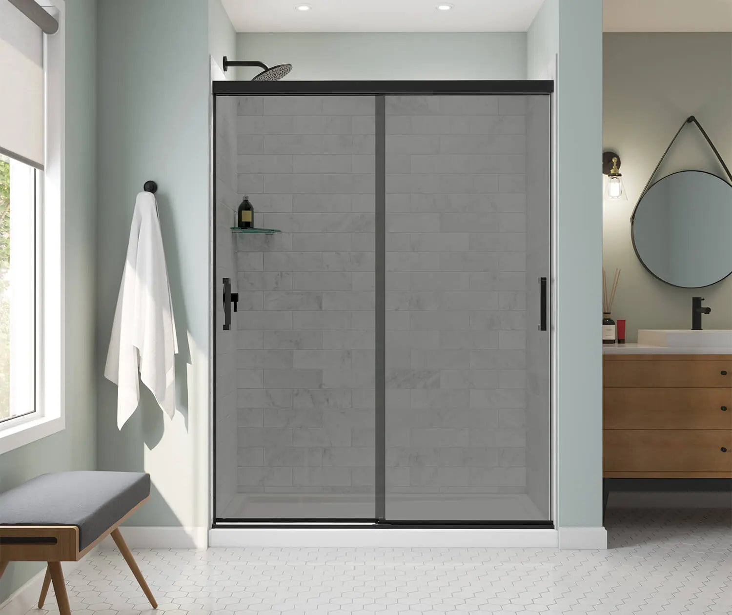 Incognito 76 Smoke 56-59 x 76 in. 8mm Bypass Shower Door for Alcove Installation with Light Smoke glass in Matte Black - Plumbing Market