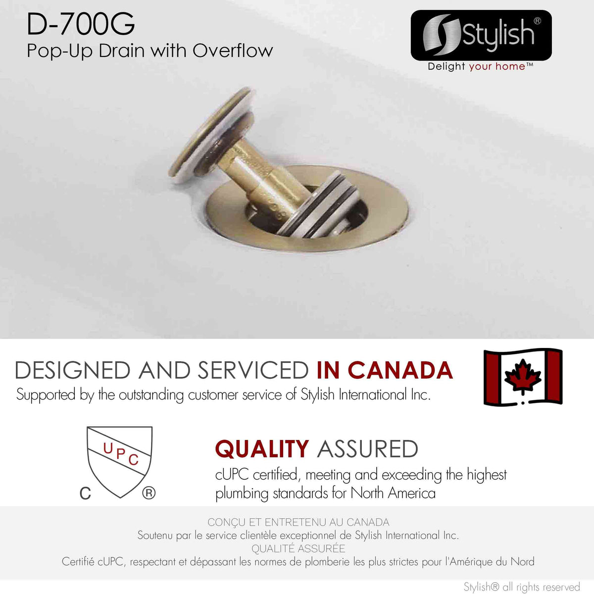 Stylish Pop-Up Bathroom Sink Drains Set with Overflow Brushed Gold D-700G2