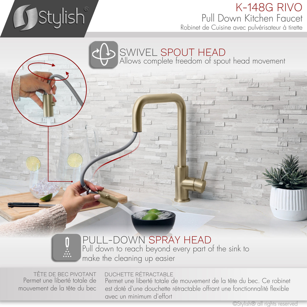 Stylish Rivo Single Handle Pull Down Kitchen Faucet Brushed Gold K-148G