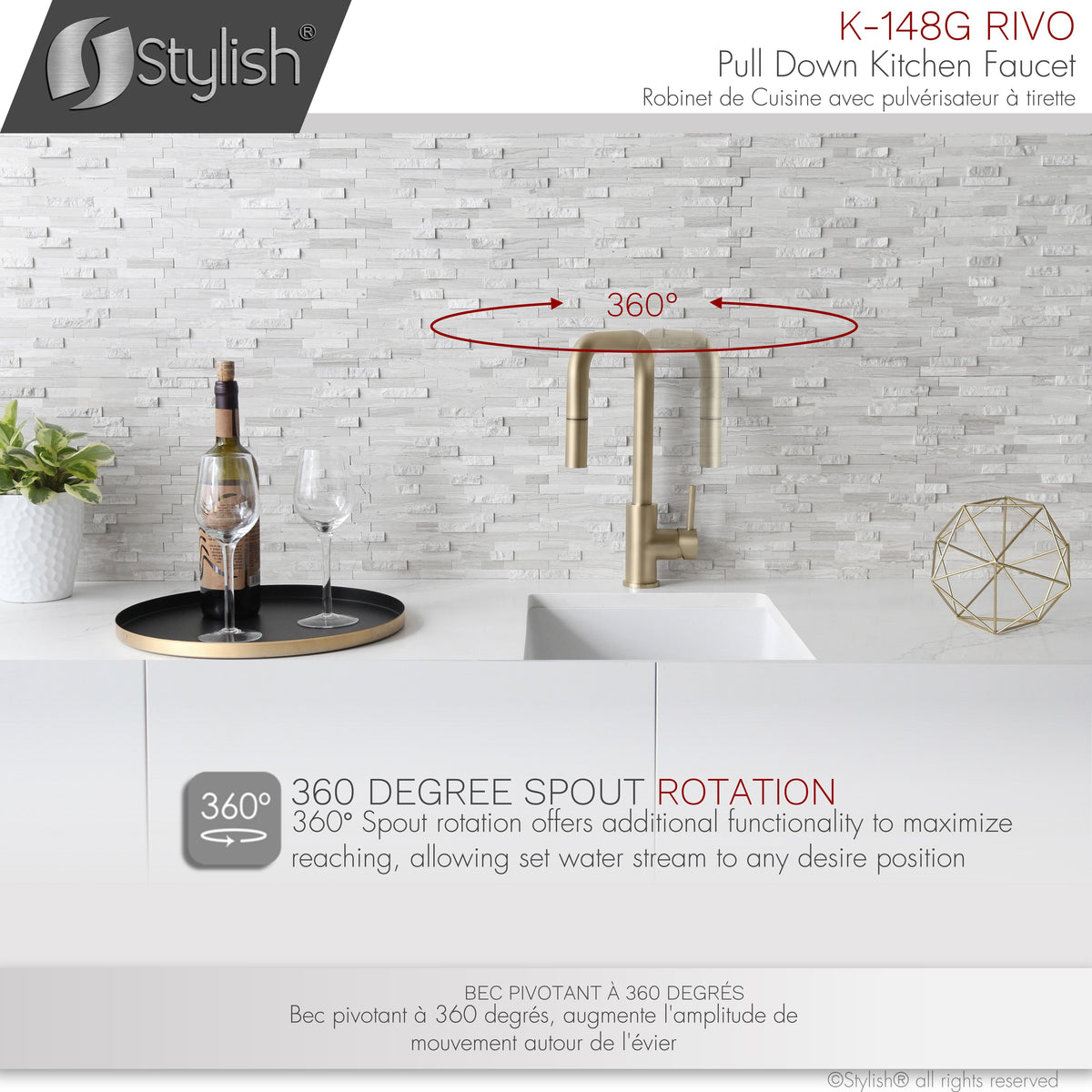 Stylish Rivo Single Handle Pull Down Kitchen Faucet Brushed Gold K-148G