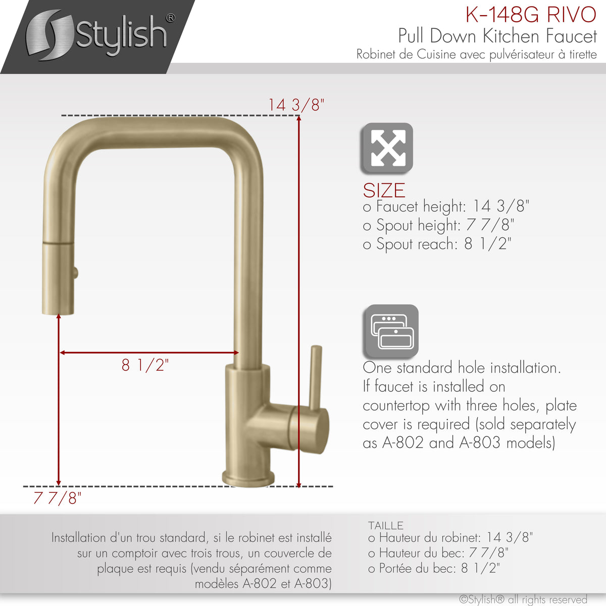 Stylish Rivo Single Handle Pull Down Kitchen Faucet Brushed Gold K-148G