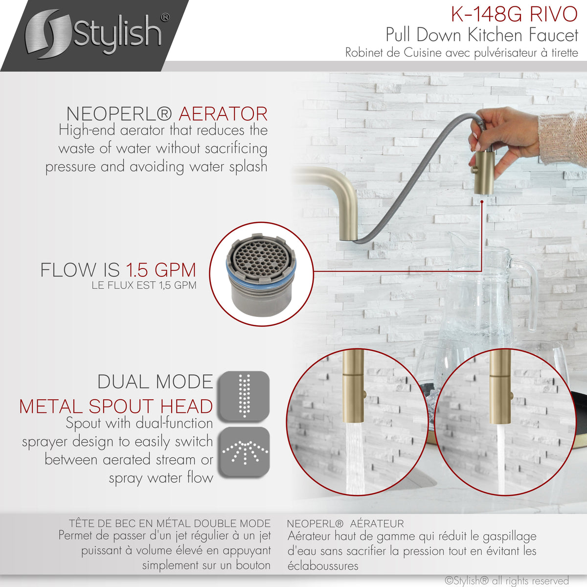 Stylish Rivo Single Handle Pull Down Kitchen Faucet Brushed Gold K-148G