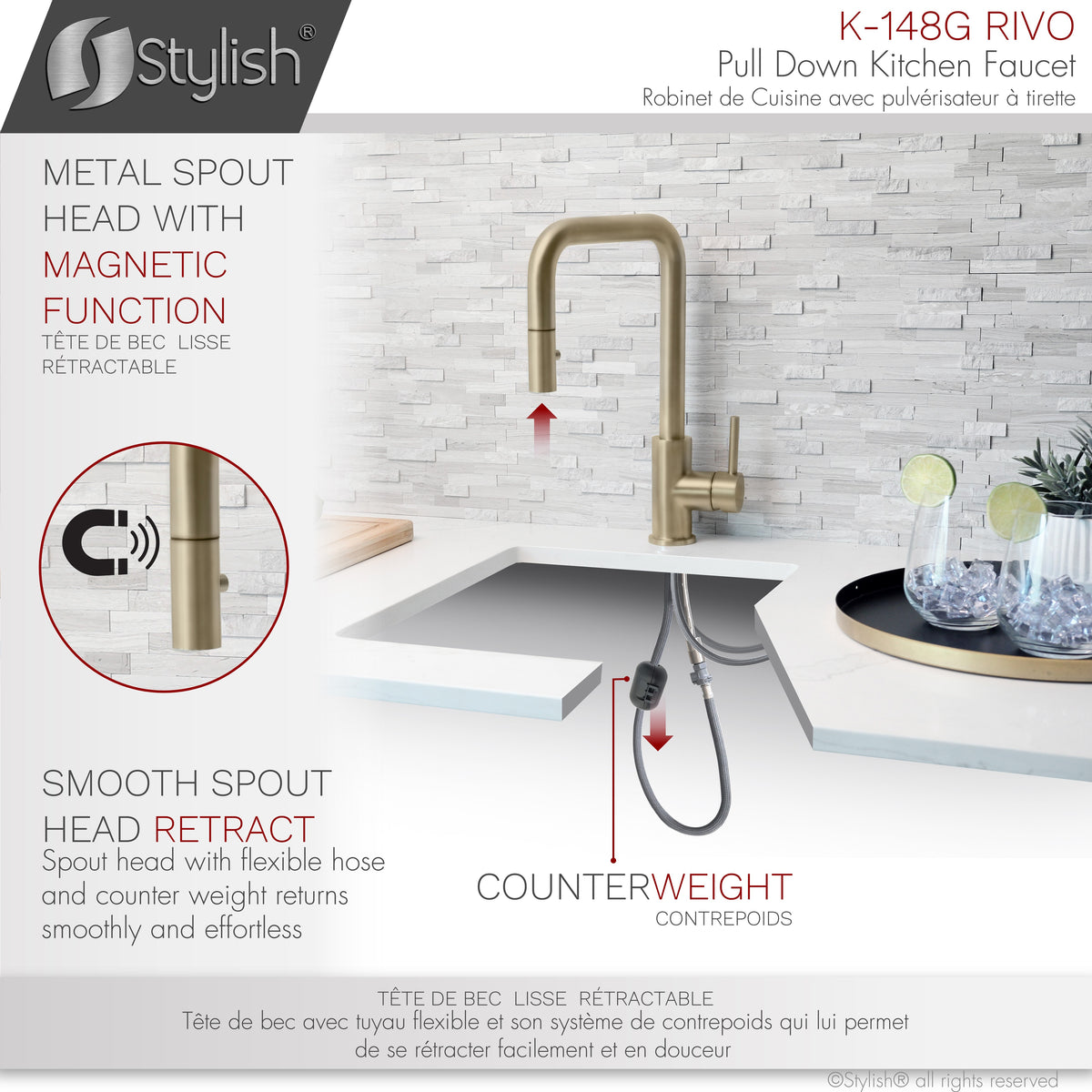Stylish Rivo Single Handle Pull Down Kitchen Faucet Brushed Gold K-148G