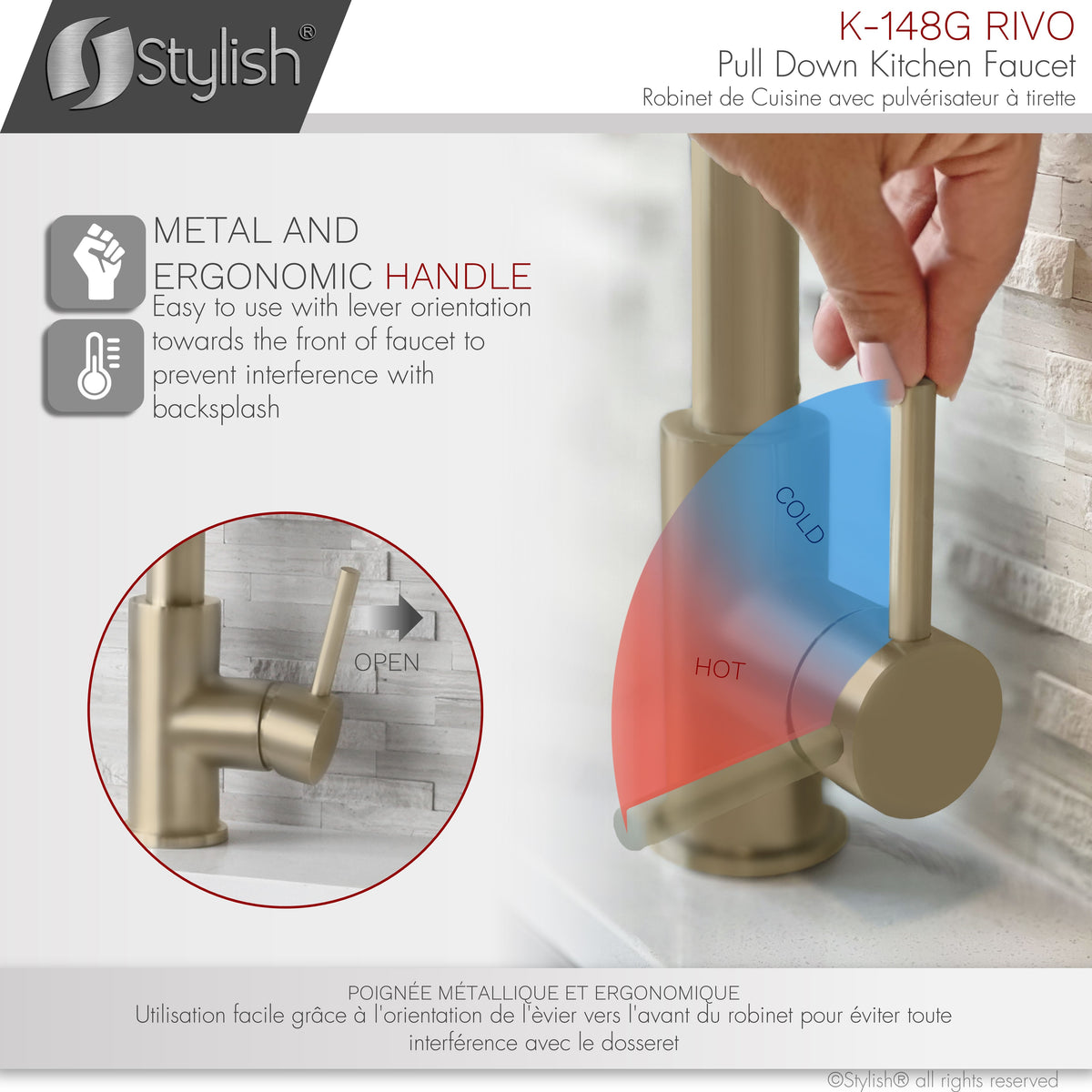 Stylish Rivo Single Handle Pull Down Kitchen Faucet Brushed Gold K-148G
