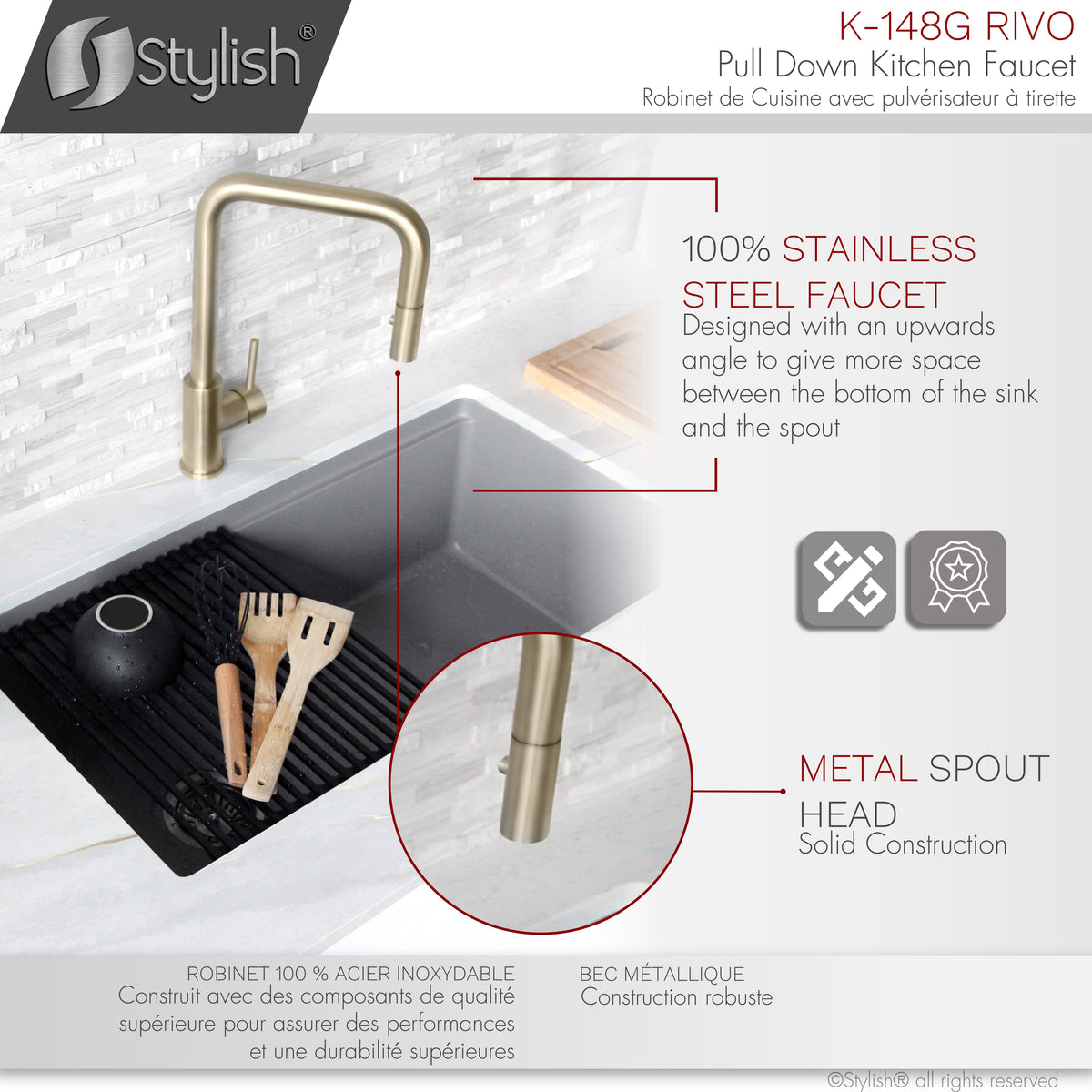 Stylish Rivo Single Handle Pull Down Kitchen Faucet Brushed Gold K-148G