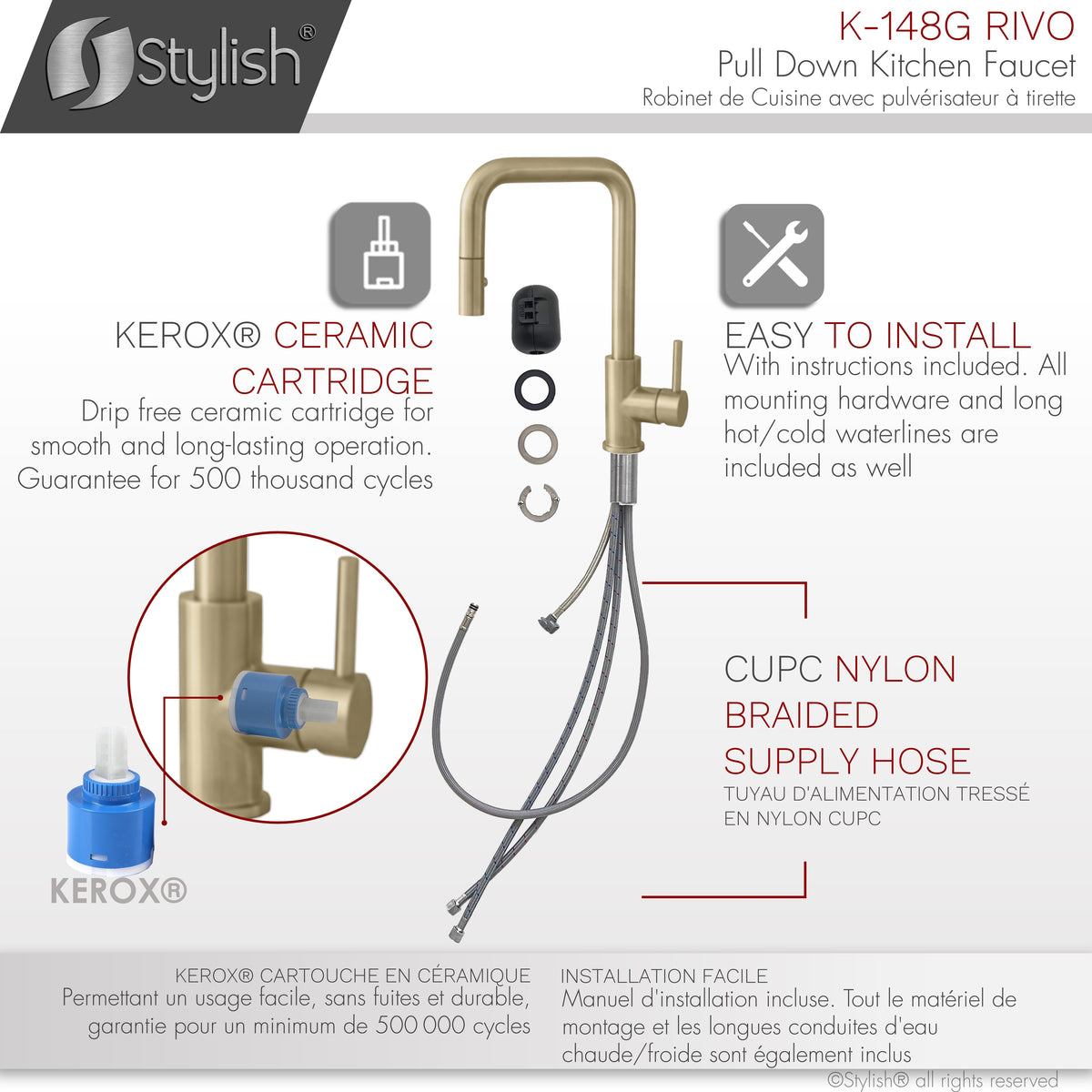Stylish Rivo Single Handle Pull Down Kitchen Faucet Brushed Gold K-148G