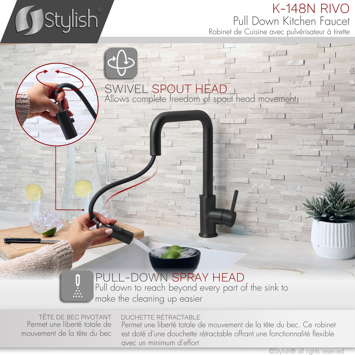 Stylish Rivo Single Handle Pull Down Kitchen Faucet Matte Black K-148N