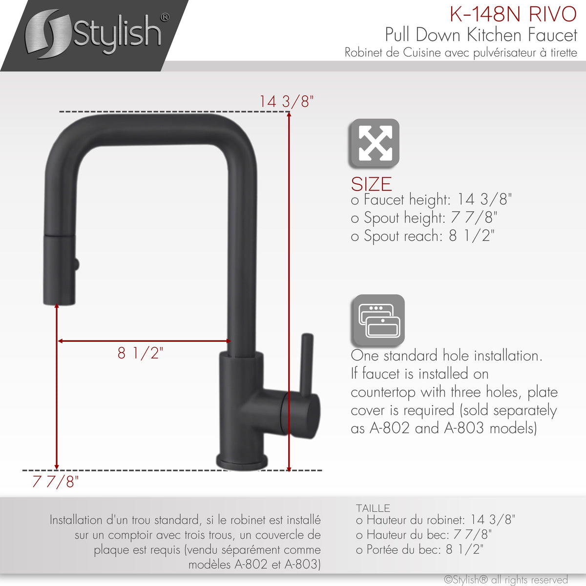 Stylish Rivo Single Handle Pull Down Kitchen Faucet Matte Black K-148N
