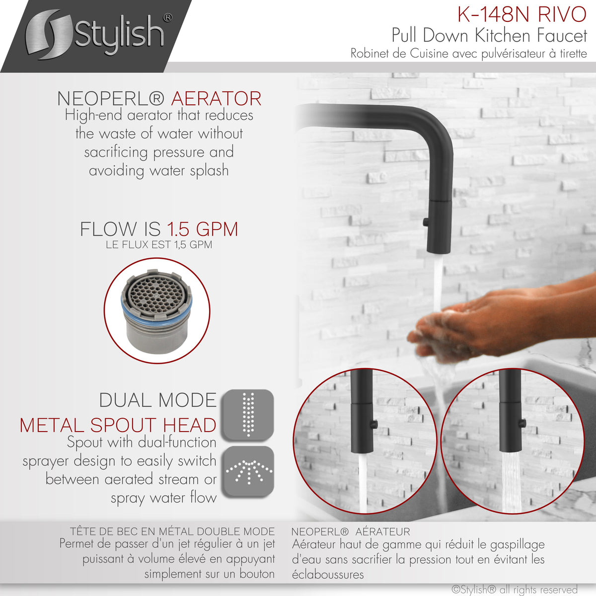Stylish Rivo Single Handle Pull Down Kitchen Faucet Matte Black K-148N