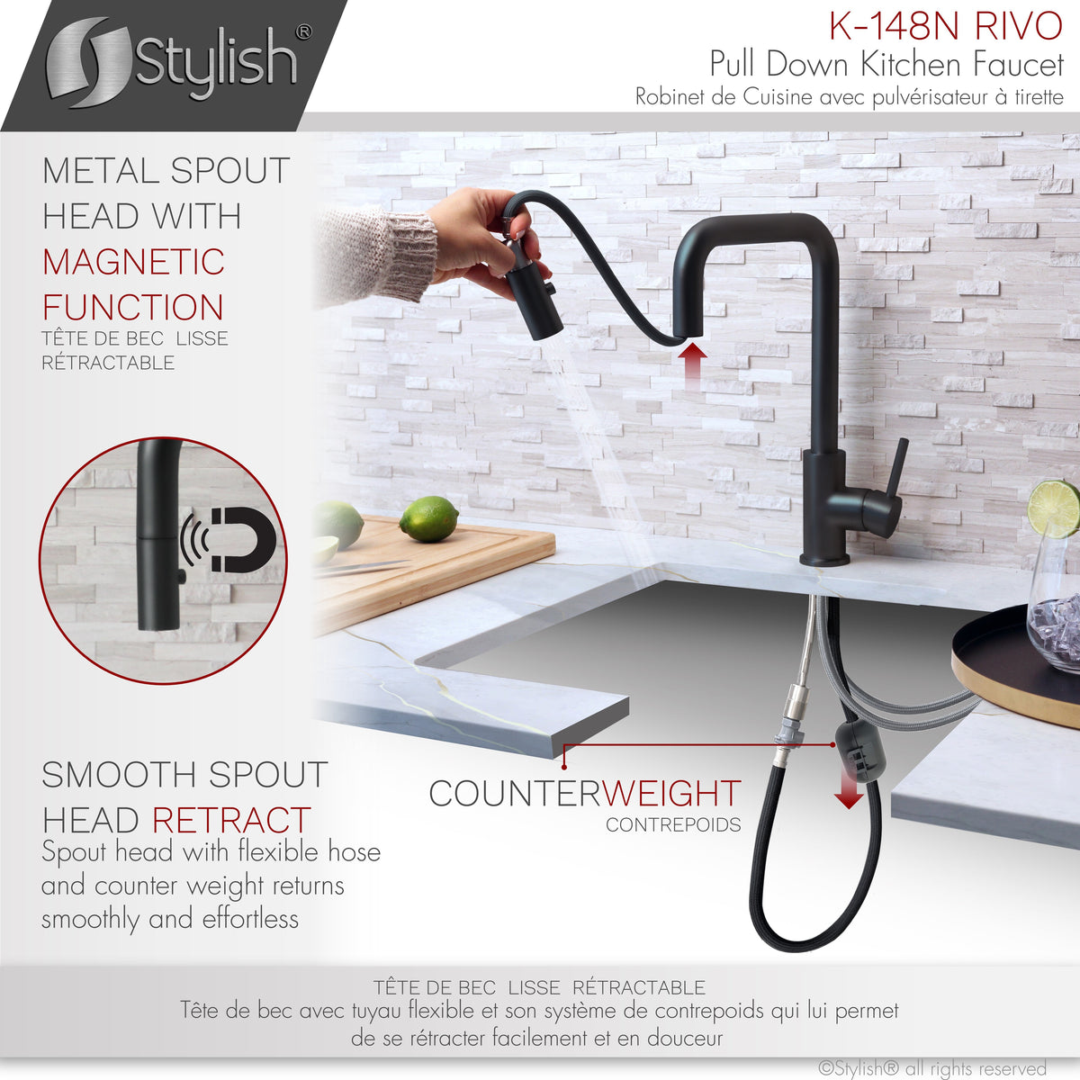 Stylish Rivo Single Handle Pull Down Kitchen Faucet Matte Black K-148N