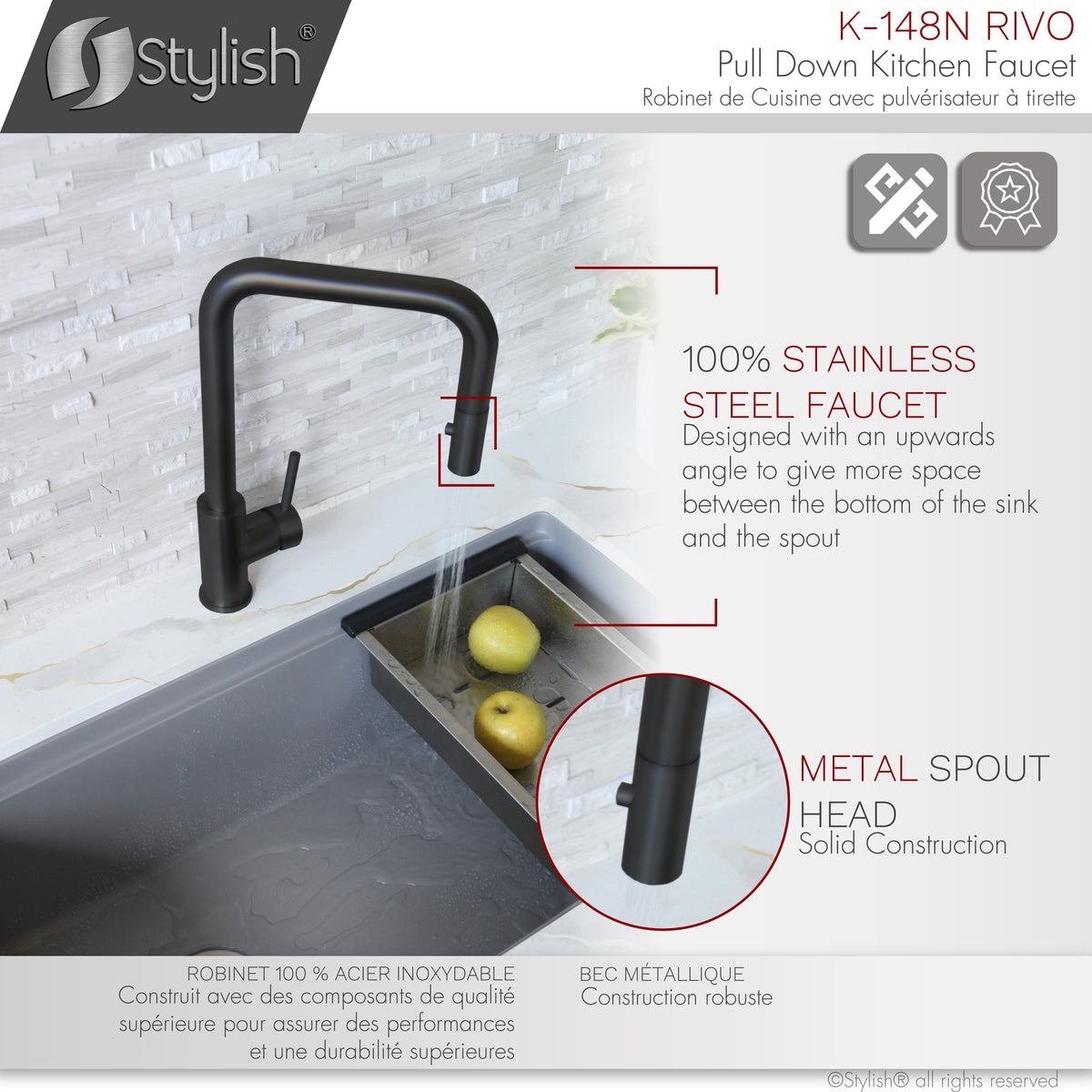 Stylish Rivo Single Handle Pull Down Kitchen Faucet Matte Black K-148N