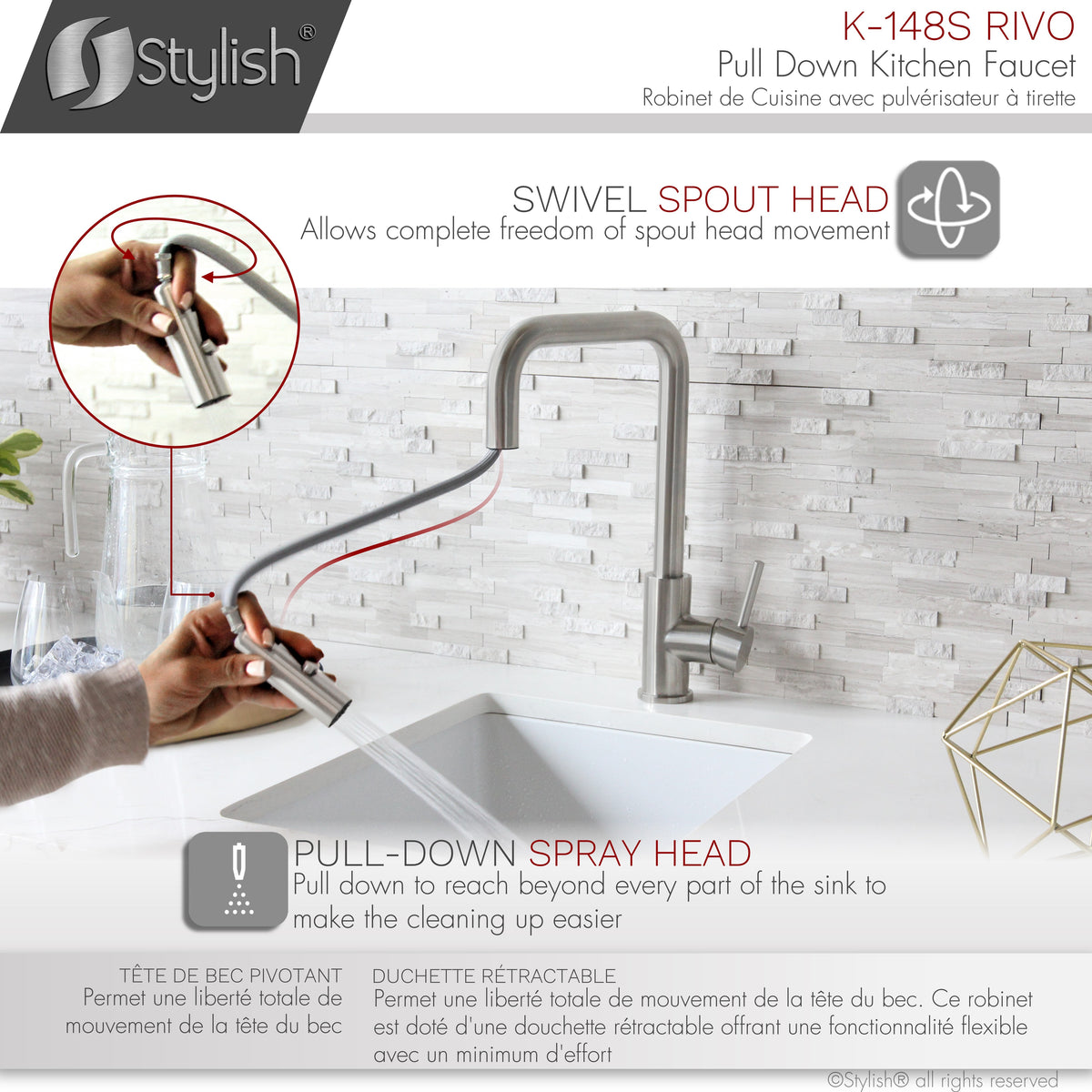 Stylish Rivo Single Handle Pull Down Kitchen Faucet Stainless Steel K-148S