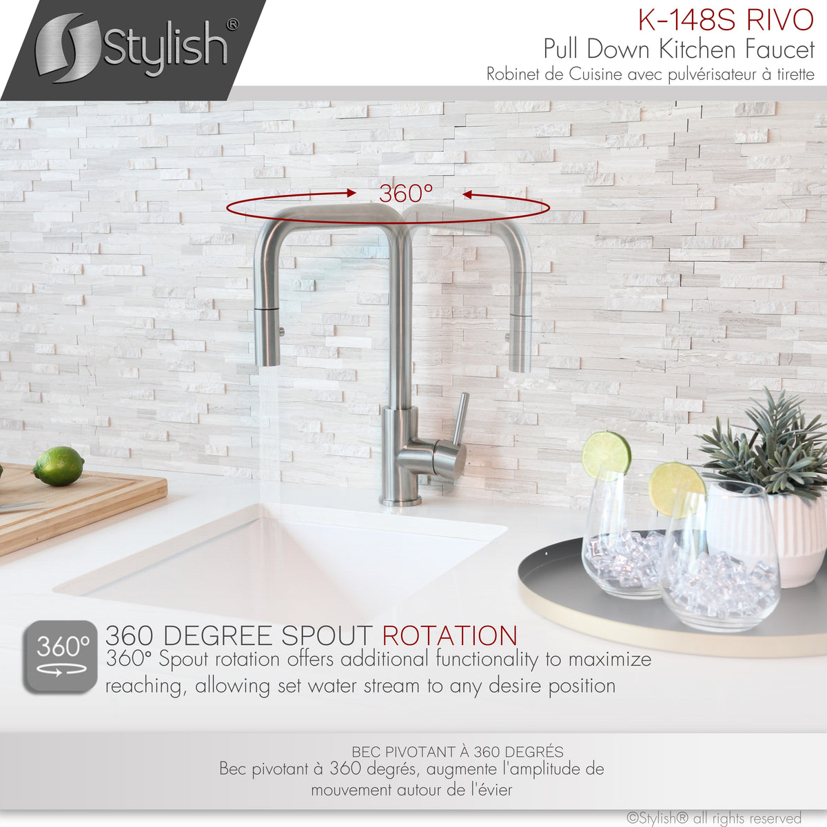 Stylish Rivo Single Handle Pull Down Kitchen Faucet Stainless Steel K-148S