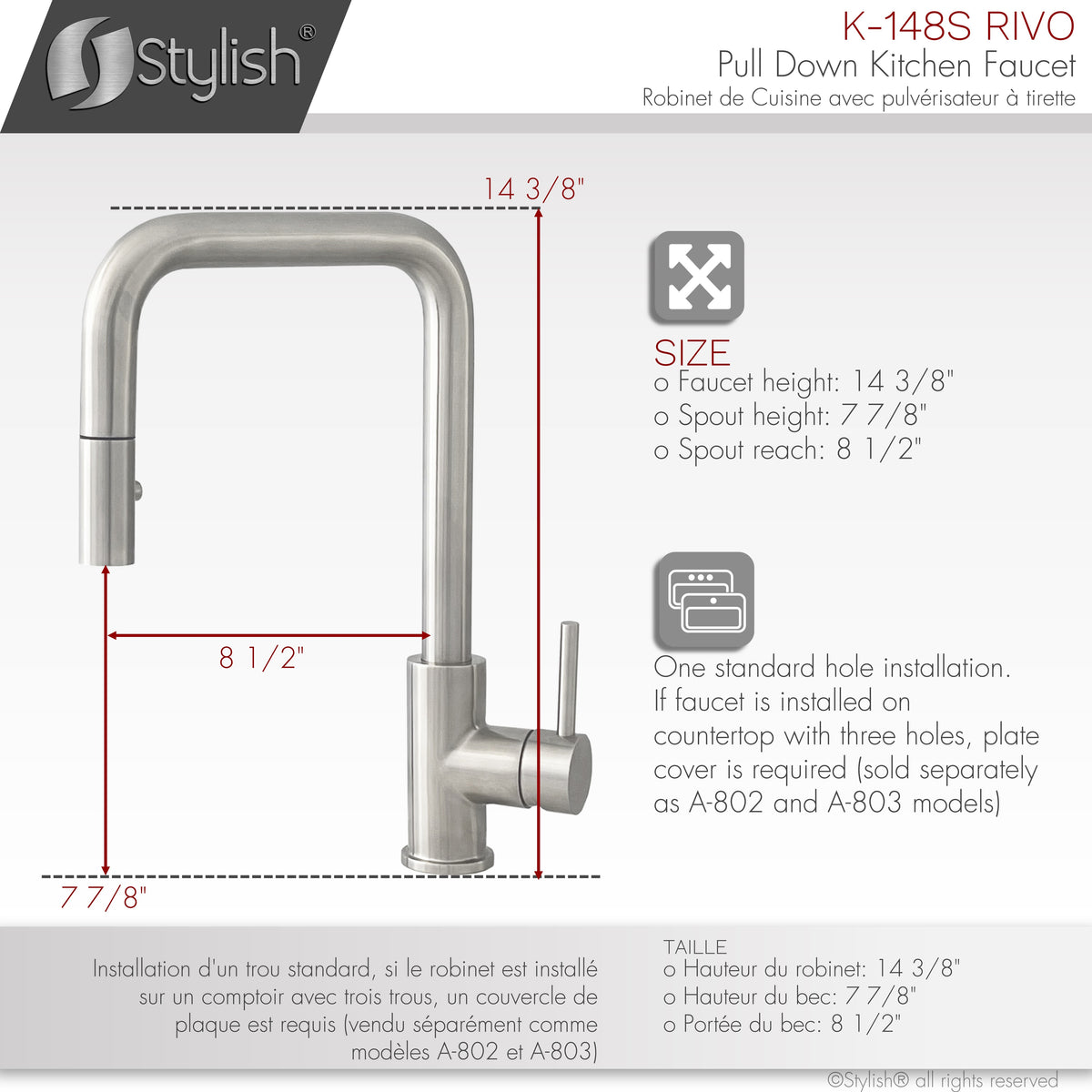 Stylish Rivo Single Handle Pull Down Kitchen Faucet Stainless Steel K-148S
